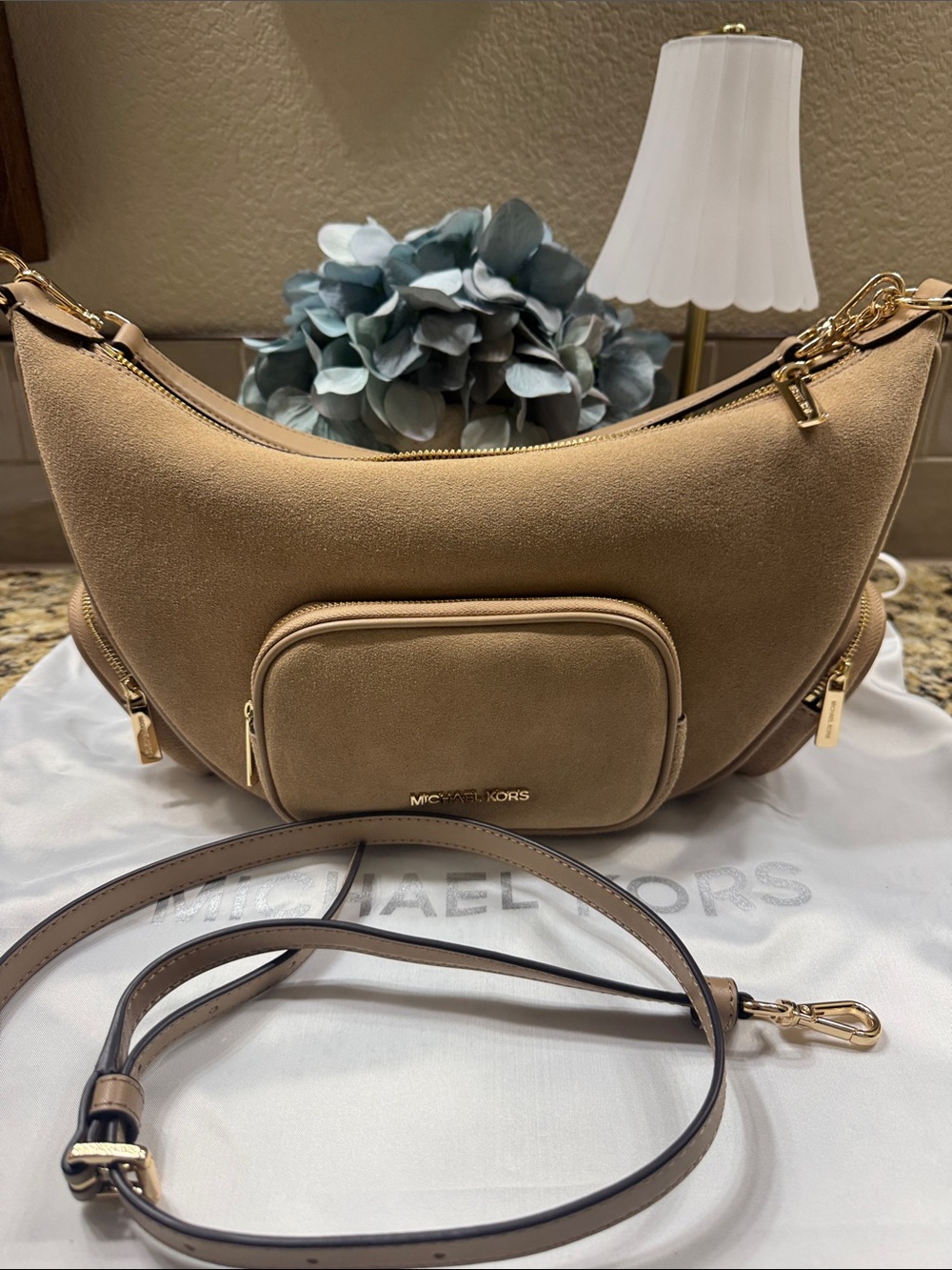 Michael Kors Beige Suede Crescent Shoulder Bag with Gold Hardware